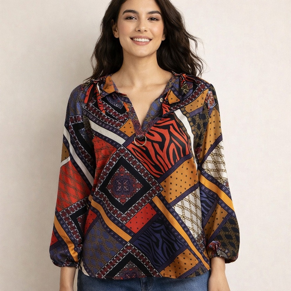 Marc New York Patchwork Geometric & Animal Print Blouse Size M - Picture 1 of 12
